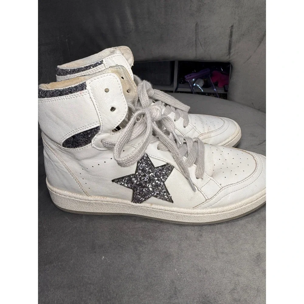 Shu Shop White High Top Sneakers Black Glitter Star Womens‎ Size 8
